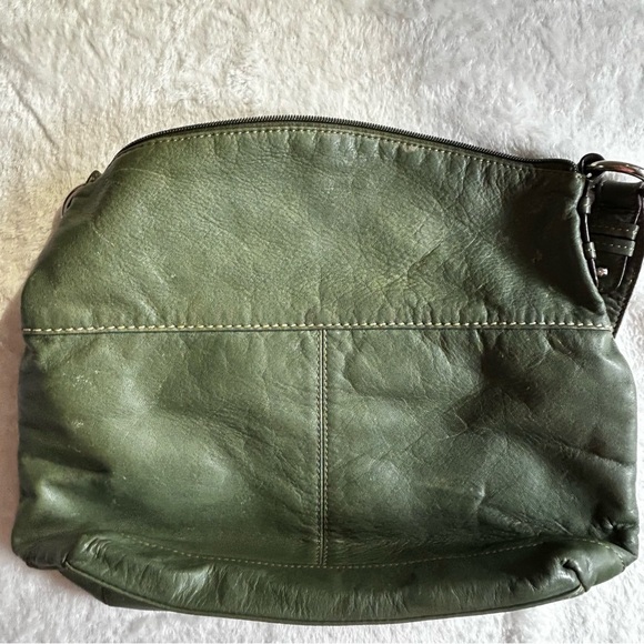 Tignanello Olive Green Leather Satchel Striped Colorful Lining 3 Zipper Pockets - Picture 2 of 11